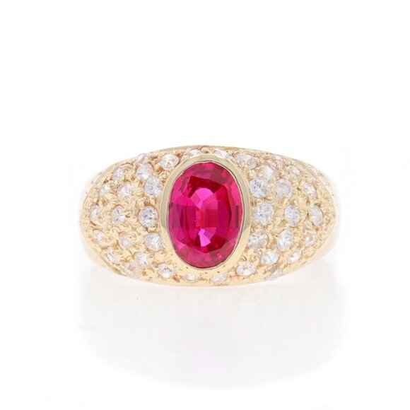 Yellow Gold Lab-Created Ruby & Cubic Zirconia Ring - 14k Oval 2.23ctw - Picture 1 of 6